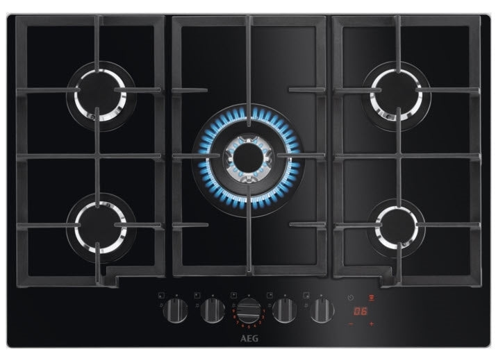 AEG Glass Hob 5 Burner Hob2Hood FlameLight Black 74cm HKB75450NB