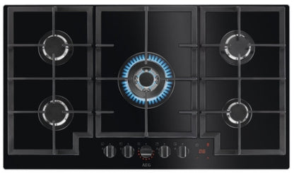 AEG HKB95450NB 88cm 5 Burner Hob2Hood FlameLight Gas On Glass Hob In Black